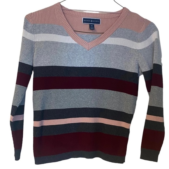 Karen Scott Rib Knit Striped V-neck 100% Cotton Top Size MP - Picture 4 of 11